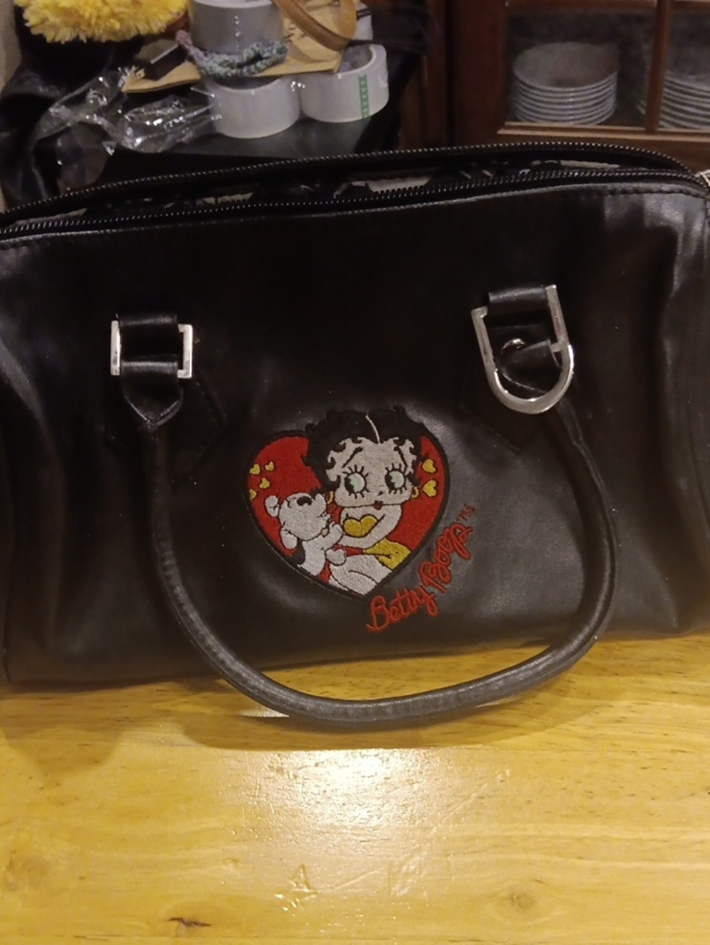 Vintage 2008 Betty Boop & Pudgy Embroidered Black Faux Leather Duffel Handbag